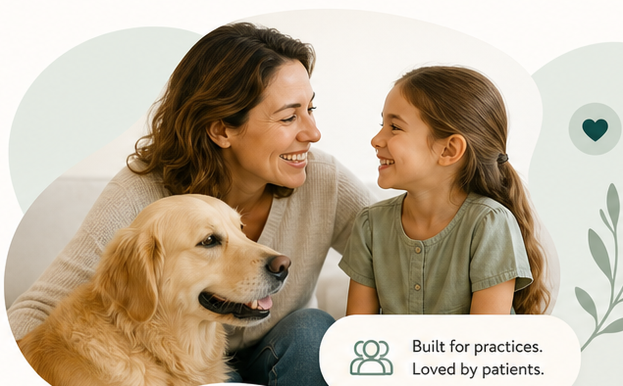 Parent and child with their dog — warm, patient-centered care